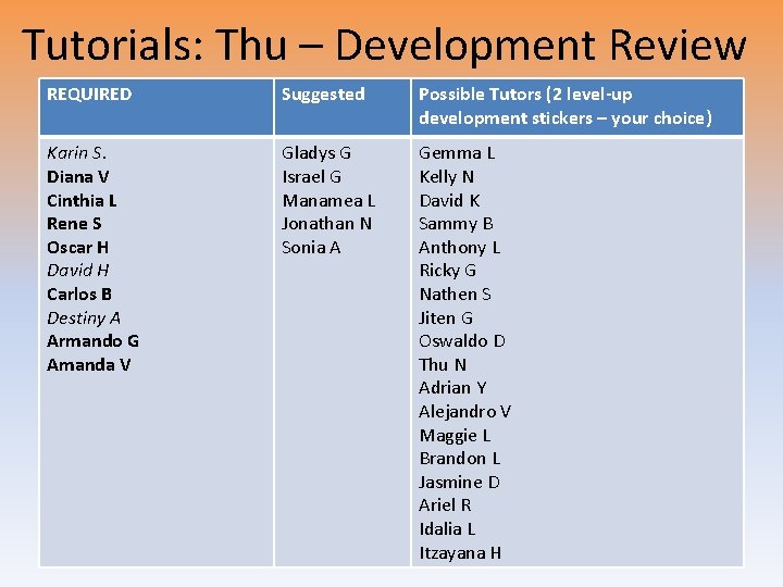 Tutorials: Thu – Development Review REQUIRED Suggested Possible Tutors (2 level-up development stickers –