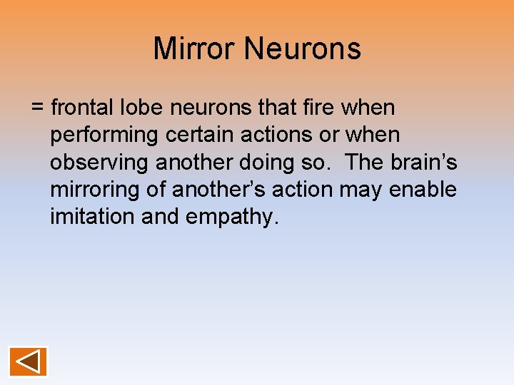Mirror Neurons = frontal lobe neurons that fire when performing certain actions or when