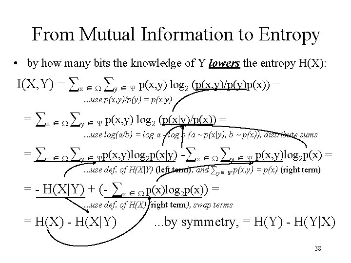From Mutual Information to Entropy • by how many bits the knowledge of Y