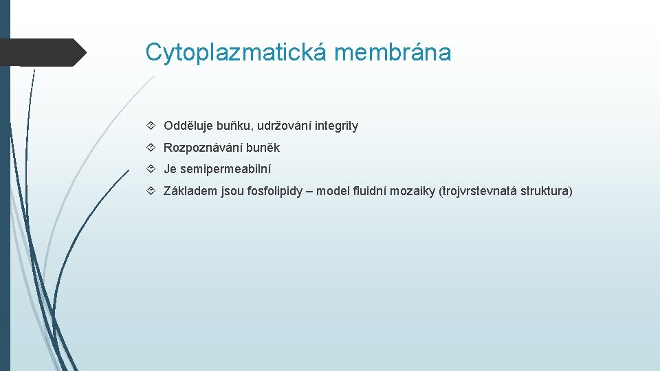 Cytoplazmatická membrána Odděluje buňku, udržování integrity Rozpoznávání buněk Je semipermeabilní Základem jsou fosfolipidy –