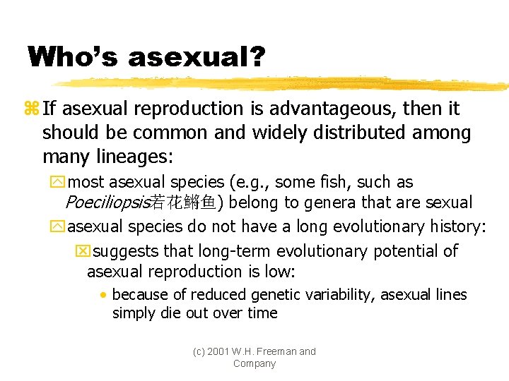 Who’s asexual? z If asexual reproduction is advantageous, then it should be common and