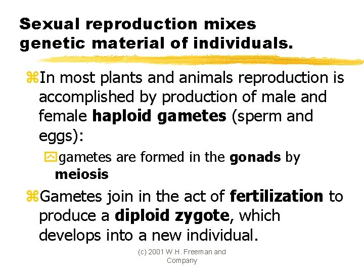 Sexual reproduction mixes genetic material of individuals. z. In most plants and animals reproduction