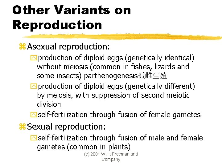 Other Variants on Reproduction z Asexual reproduction: yproduction of diploid eggs (genetically identical) without
