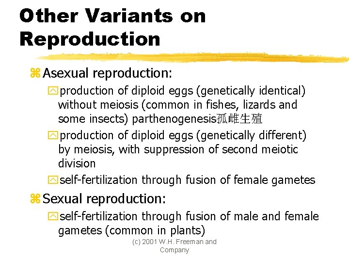 Other Variants on Reproduction z Asexual reproduction: yproduction of diploid eggs (genetically identical) without