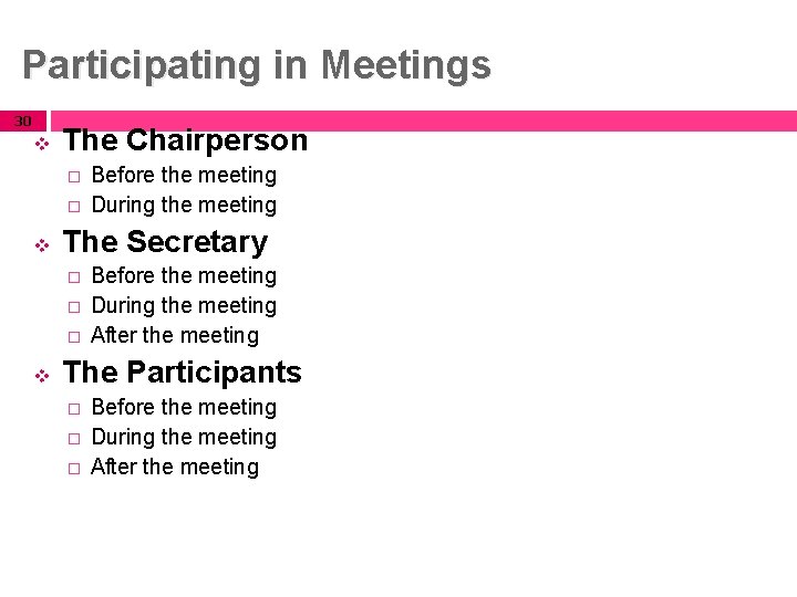 Participating in Meetings 30 v The Chairperson � � v The Secretary � �