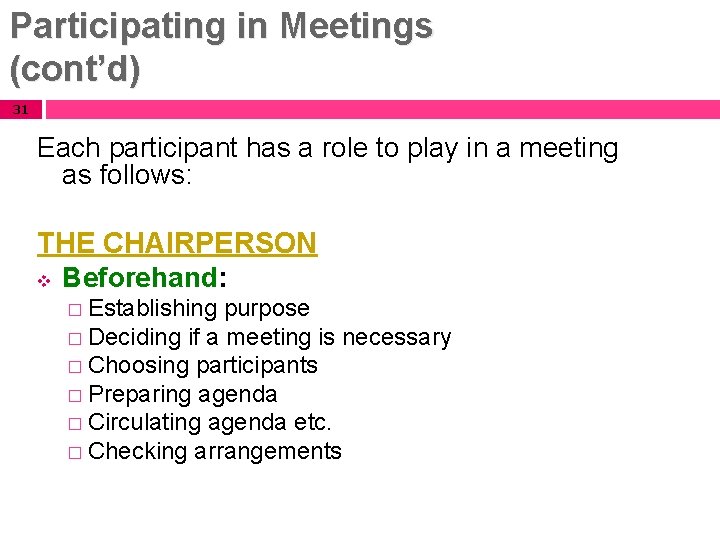 Participating in Meetings (cont’d) 31 Each participant has a role to play in a