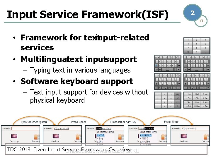 Input Service Framework(ISF) • Framework for text input-related services • Multilingualtext inputsupport – Typing