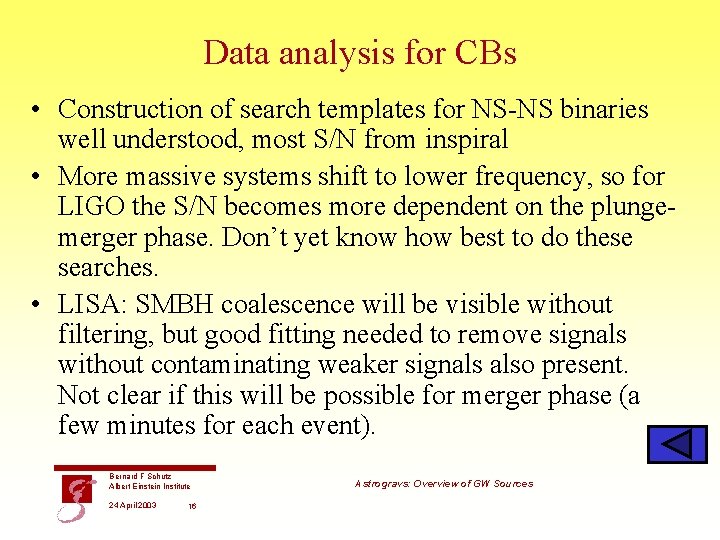 Data analysis for CBs • Construction of search templates for NS-NS binaries well understood,