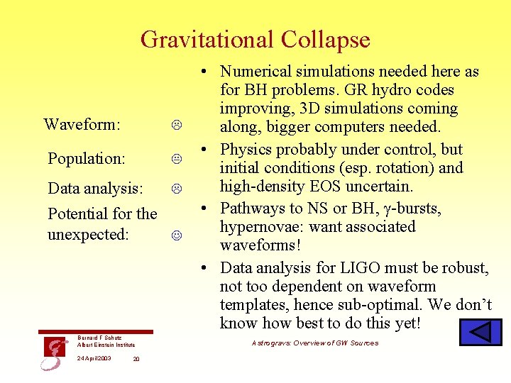 Gravitational Collapse Waveform: Population: Data analysis: Potential for the unexpected: Bernard F Schutz Albert
