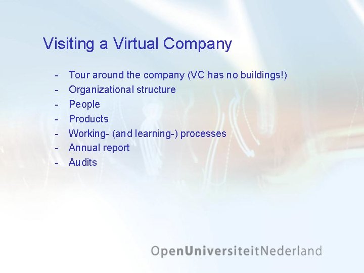 Visiting a Virtual Company Tour around the company (VC has no buildings!) Organizational structure