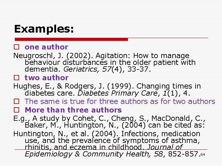 Examples: o one author Neugroschl, J. (2002). Agitation: How to manage behaviour disturbances in