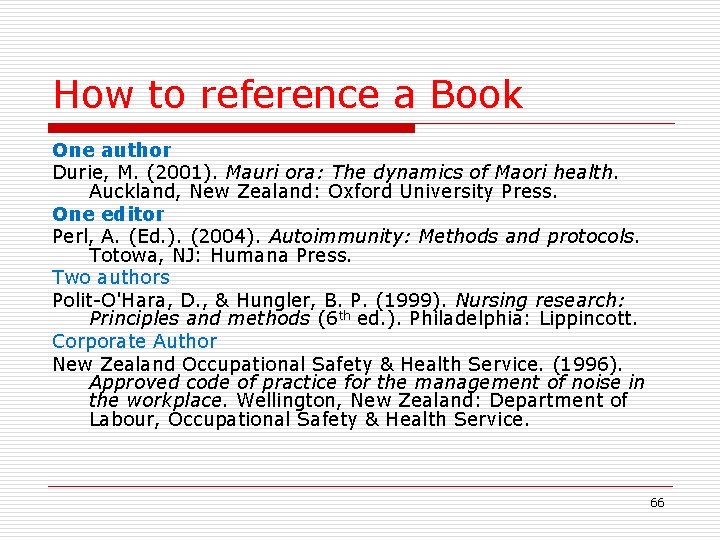 How to reference a Book One author Durie, M. (2001). Mauri ora: The dynamics