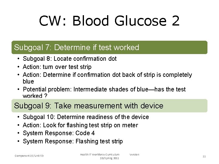 CW: Blood Glucose 2 • Subgoal 7: Determine if test worked • Subgoal 8: