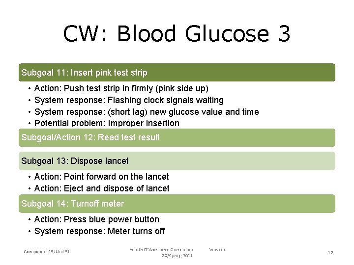 CW: Blood Glucose 3 11: Insert pink strip • Subgoal 11: test. Insert pink