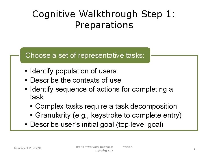 Cognitive Walkthrough Step 1: Preparations • Choose a set of representative tasks: set of