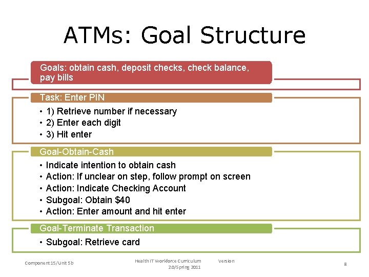 ATMs: Goal Structure Goals: obtain cash, deposit checks, check balance, pay bills • Goals:
