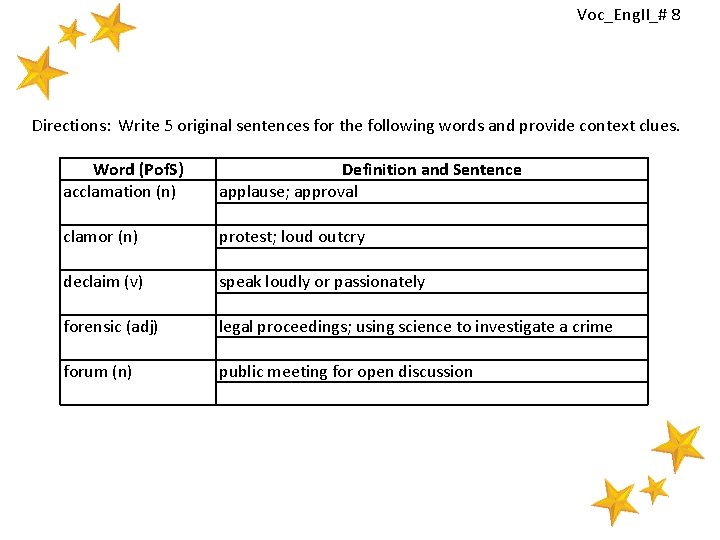 Voc_Eng. II_# 8 Directions: Write 5 original sentences for the following words and provide