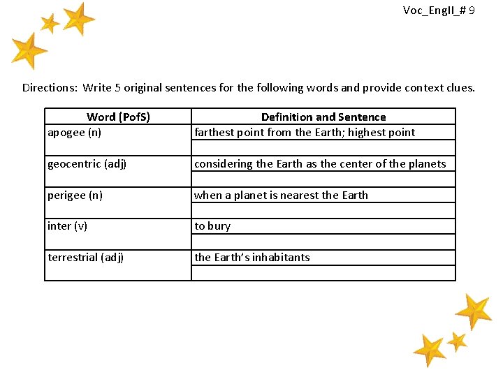 Voc_Eng. II_# 9 Directions: Write 5 original sentences for the following words and provide