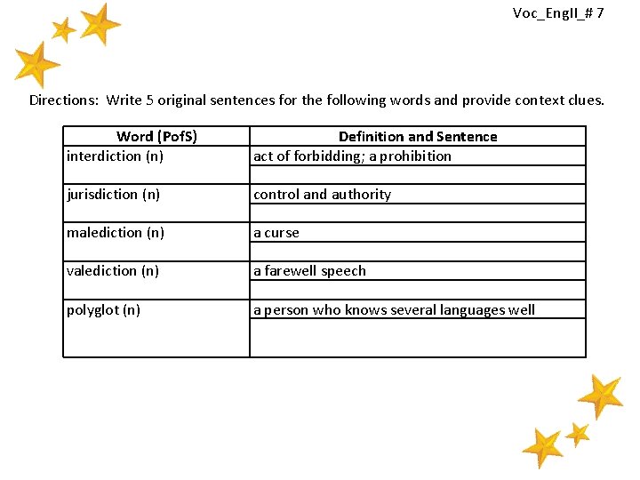Voc_Eng. II_# 7 Directions: Write 5 original sentences for the following words and provide