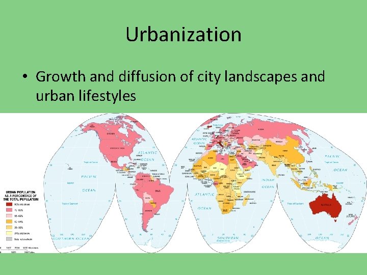 Urbanization • Growth and diffusion of city landscapes and urban lifestyles 