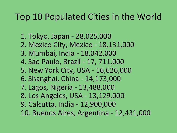 Top 10 Populated Cities in the World 1. Tokyo, Japan - 28, 025, 000