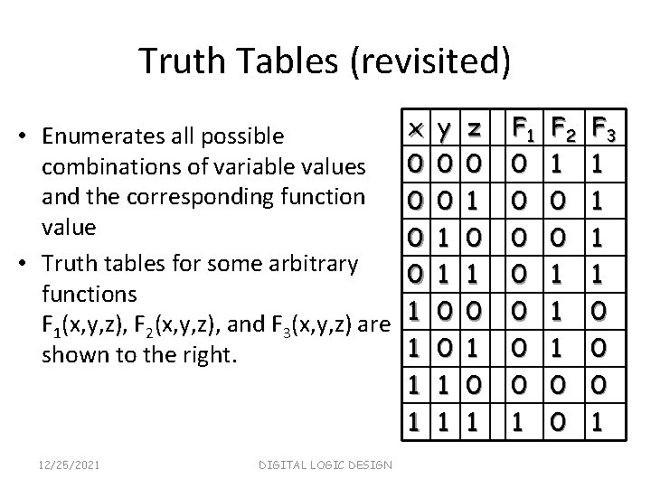 Truth Tables (revisited) • Enumerates all possible combinations of variable values and the corresponding