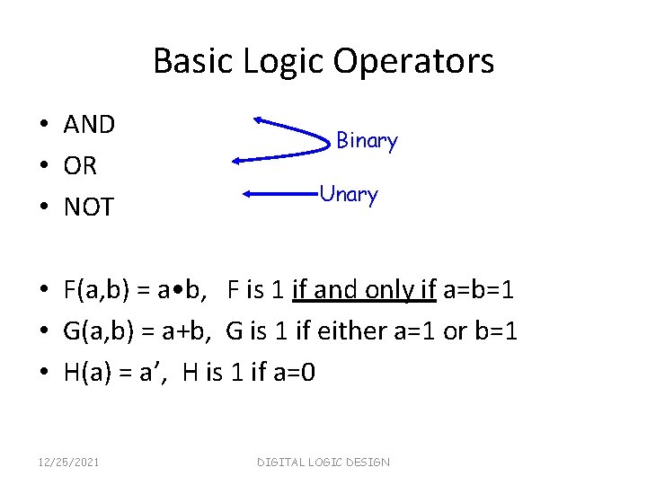 Basic Logic Operators • AND • OR • NOT Binary Unary • F(a, b)