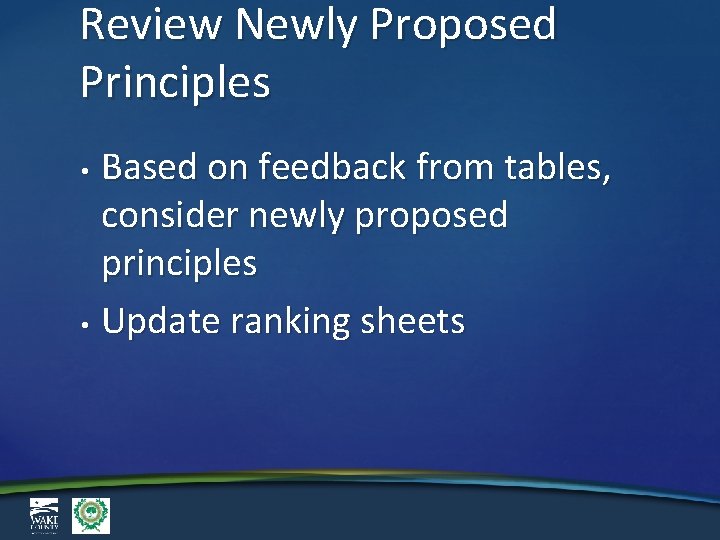 Review Newly Proposed Principles Based on feedback from tables, consider newly proposed principles •