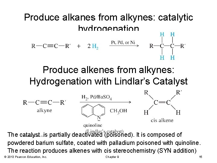 Produce alkanes from alkynes: catalytic hydrogenation Produce alkenes from alkynes: Hydrogenation with Lindlar’s Catalyst