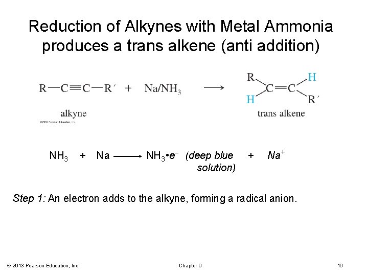Reduction of Alkynes with Metal Ammonia produces a trans alkene (anti addition) NH 3