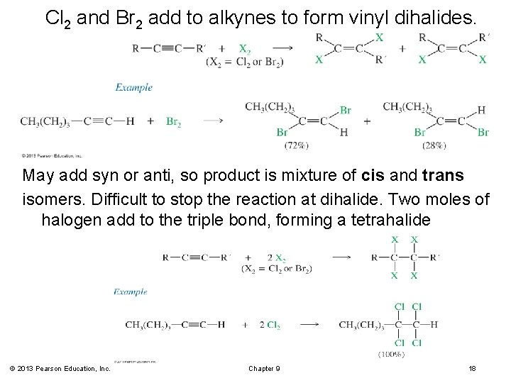 Cl 2 and Br 2 add to alkynes to form vinyl dihalides. May add