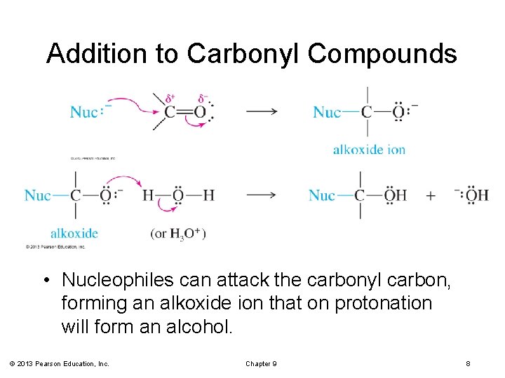 Addition to Carbonyl Compounds • Nucleophiles can attack the carbonyl carbon, forming an alkoxide