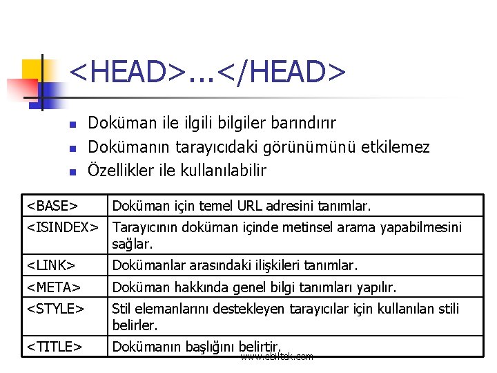 <HEAD>. . . </HEAD> n n n <BASE> Doküman ile ilgili bilgiler barındırır Dokümanın