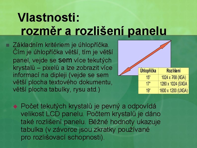 Vlastnosti: rozměr a rozlišení panelu n Základním kritériem je úhlopříčka. Čím je úhlopříčka větší,