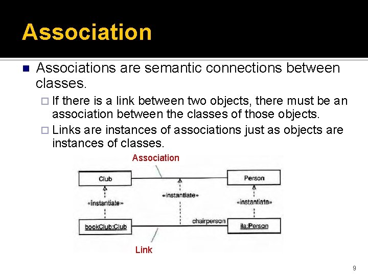 Association n Associations are semantic connections between classes. ¨ If there is a link