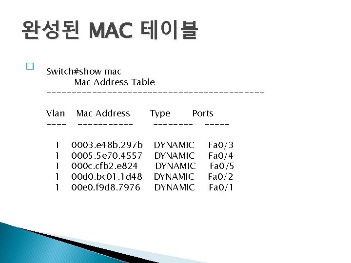 완성된 MAC 테이블 � Switch#show mac Mac Address Table ---------------------Vlan ---- Mac Address ------