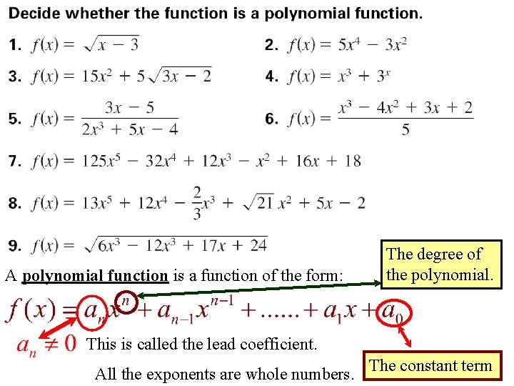 A polynomial function is a function of the form: The degree of the polynomial.