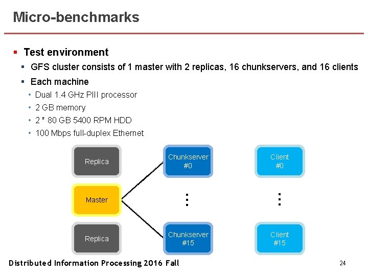 Micro-benchmarks § Test environment § GFS cluster consists of 1 master with 2 replicas,