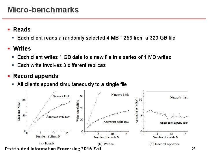 Micro-benchmarks § Reads § Each client reads a randomly selected 4 MB * 256