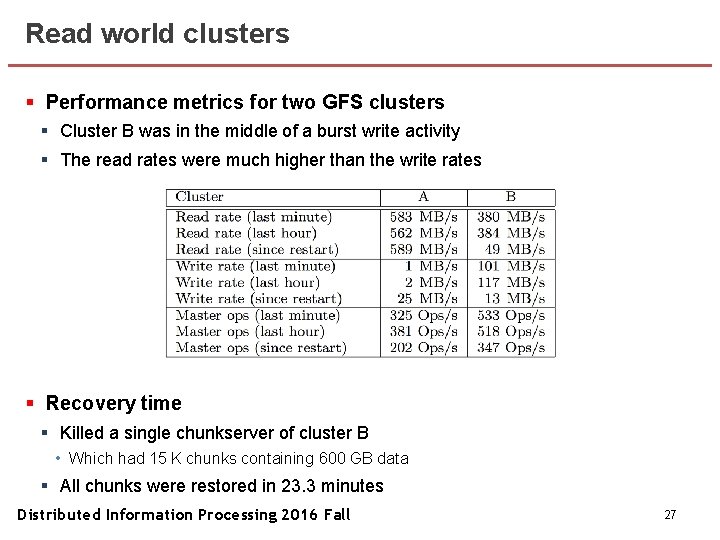 Read world clusters § Performance metrics for two GFS clusters § Cluster B was