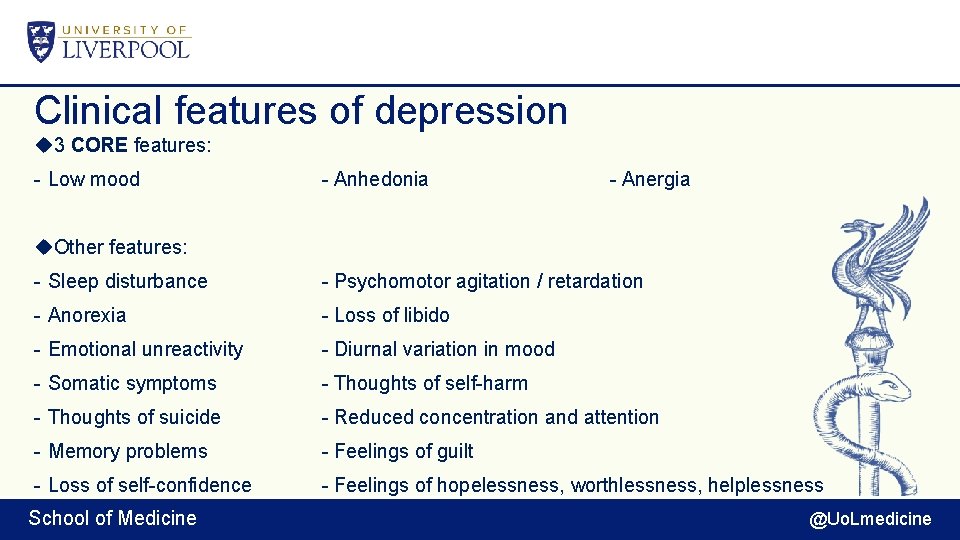 Clinical features of depression 3 CORE features: - Low mood - Anhedonia - Anergia