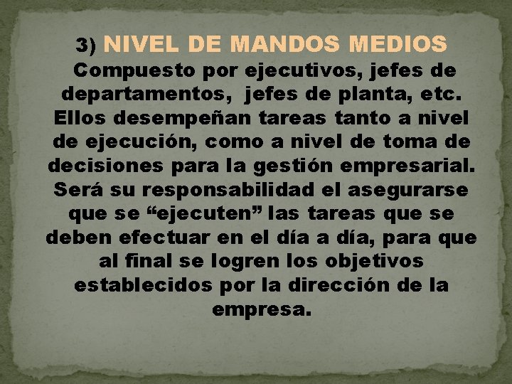 3) NIVEL DE MANDOS MEDIOS Compuesto por ejecutivos, jefes de departamentos, jefes de planta,