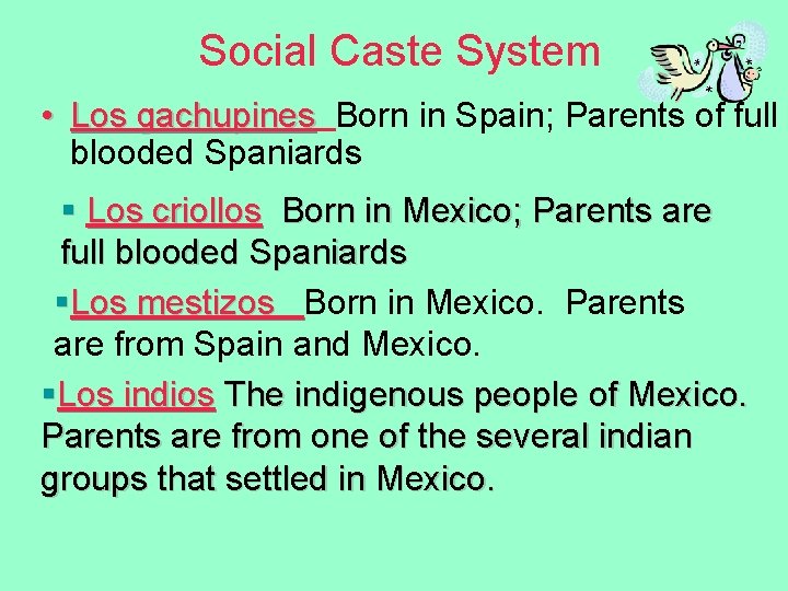 Social Caste System • Los gachupines Born in Spain; Parents of full blooded Spaniards
