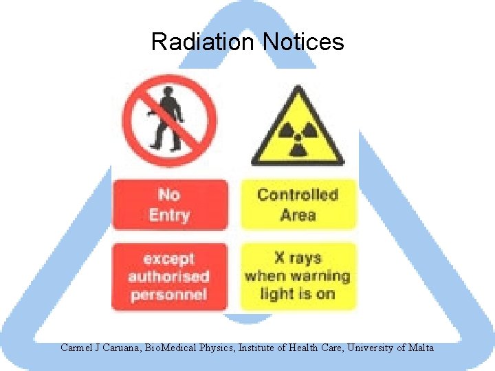 Radiation Notices Carmel J Caruana, Bio. Medical Physics, Institute of Health Care, University of