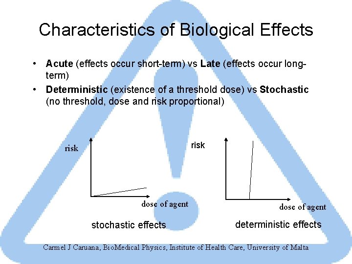 Characteristics of Biological Effects • Acute (effects occur short-term) vs Late (effects occur longterm)