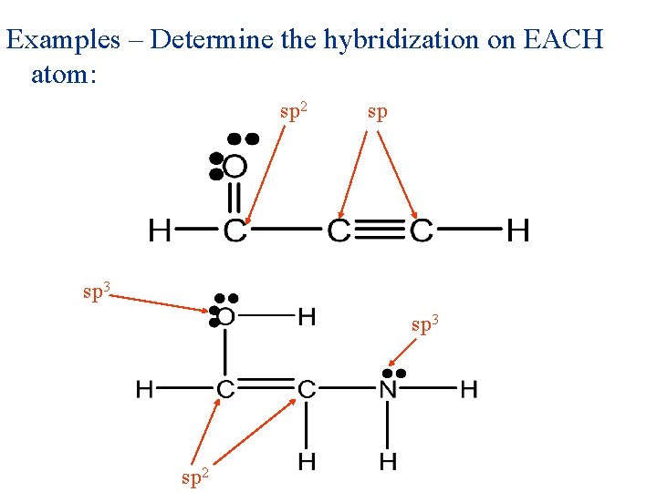 Examples – Determine the hybridization on EACH atom: sp 2 sp sp 3 sp