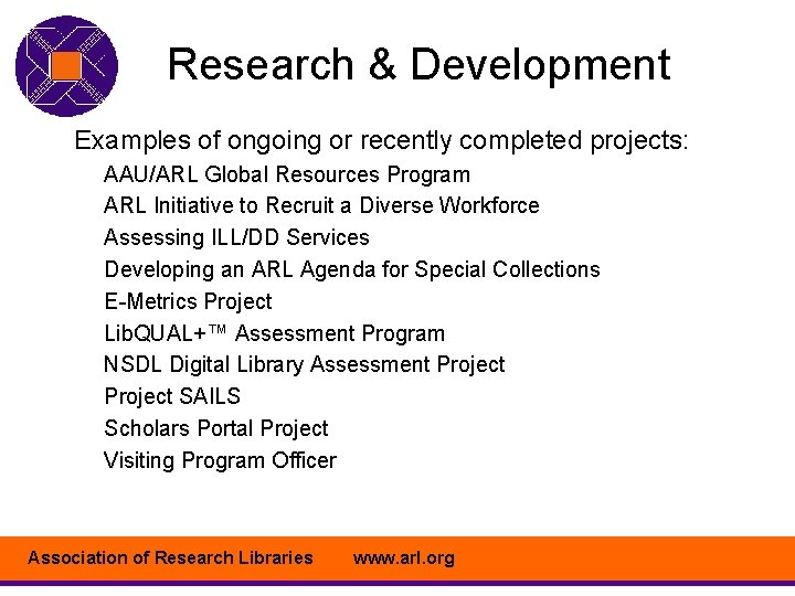 Research & Development Examples of ongoing or recently completed projects: AAU/ARL Global Resources Program