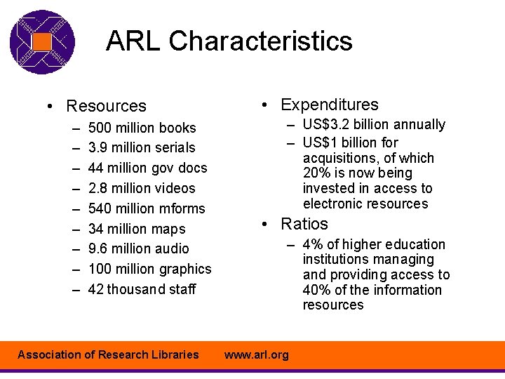 ARL Characteristics • Resources – – – – – 500 million books 3. 9