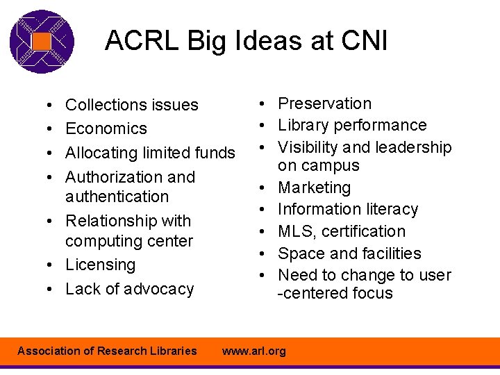ACRL Big Ideas at CNI • • Collections issues Economics Allocating limited funds Authorization