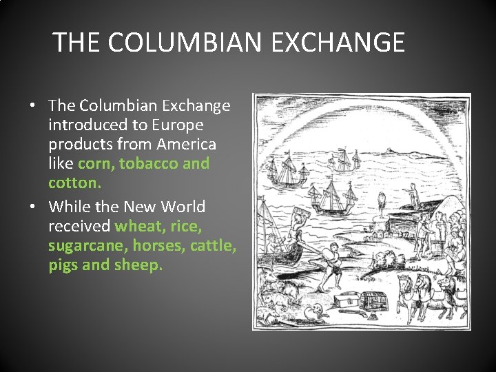 THE COLUMBIAN EXCHANGE • The Columbian Exchange introduced to Europe products from America like